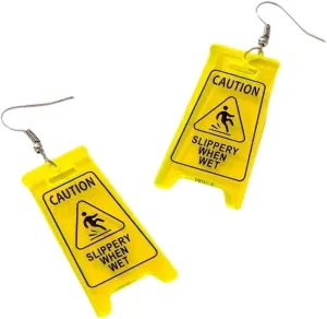 Funny Novelty Acrylic Caution Sign Dangle Earrings, Slippery When Wet Warning, Alloy Hooks