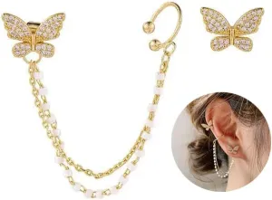 FUTIMELY Dainty Butterfly Ear Cuffs Earrings for Women,14K Gold Plated Pearl CZ Tassel Chain Earrings Trendy Beach Earring for Women Jewelry
