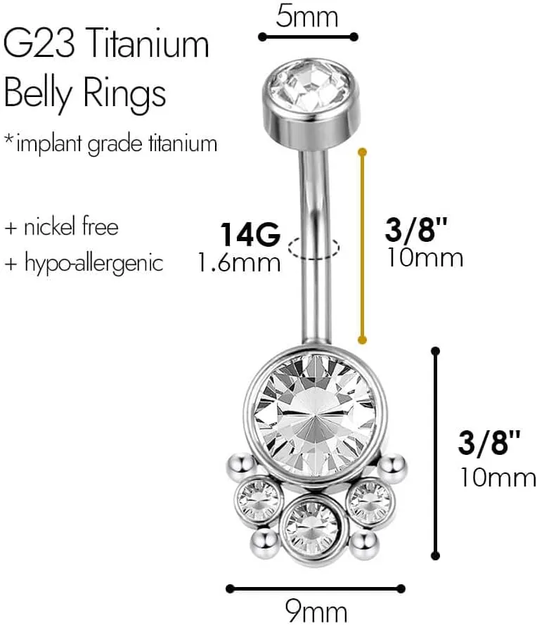 G23 Solid Titanium Belly Button Rings Piercing,ASTM F136 Implant Grade Titanium Navel Rings,Nickel Free,Low Gloss Polished Bar Smooth Surface,Crystal CZ,14G,2Pcs