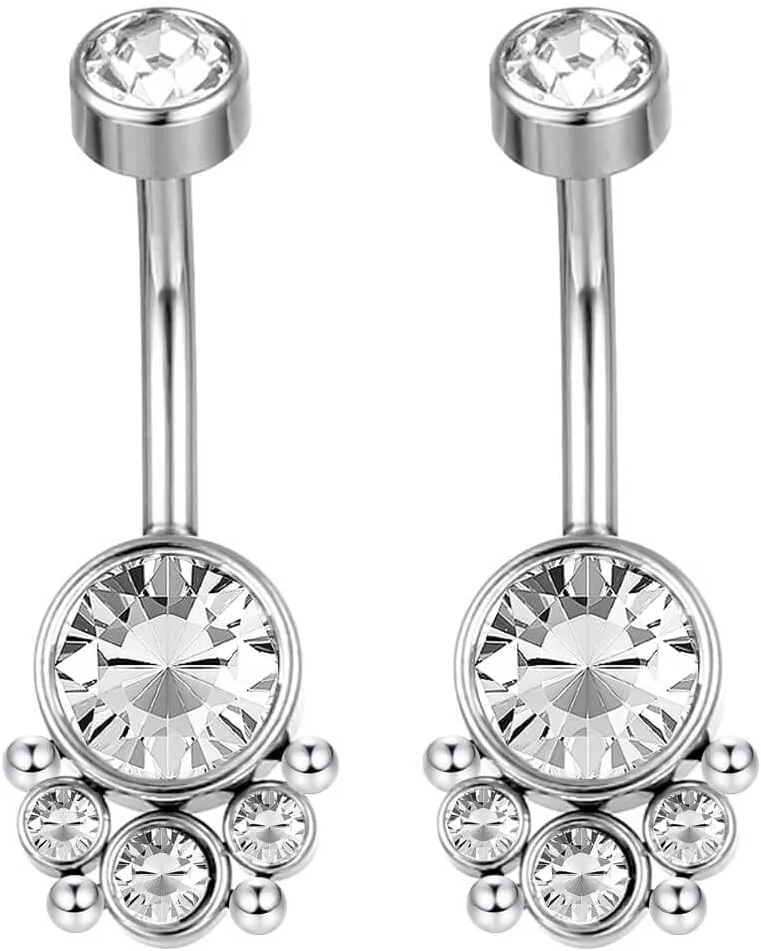 G23 Solid Titanium Belly Button Rings Piercing,ASTM F136 Implant Grade Titanium Navel Rings,Nickel Free,Low Gloss Polished Bar Smooth Surface,Crystal CZ,14G,2Pcs
