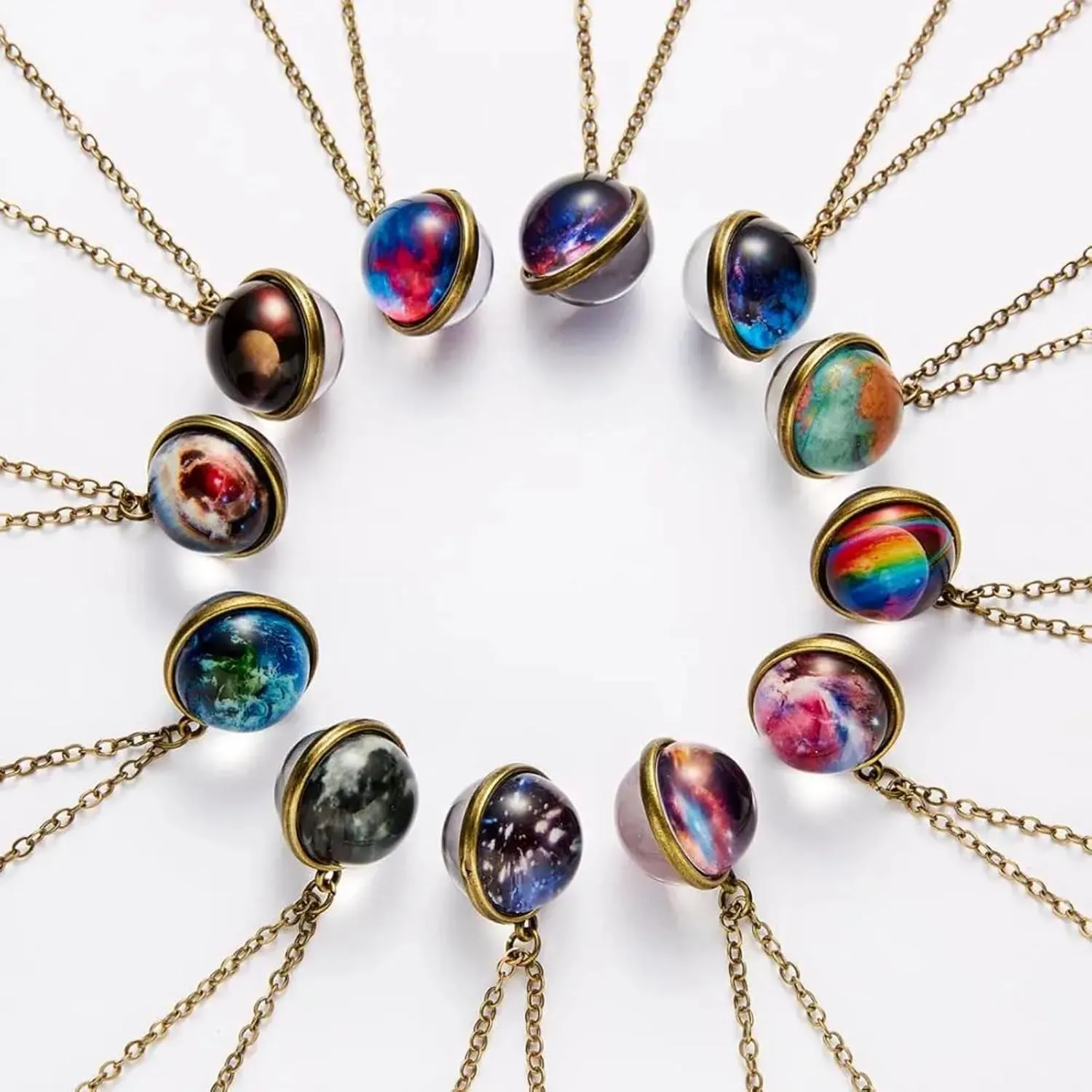Galaxy Double-Sided Pendant Necklace Glow in The Dark Glass Ball Necklace Jewelry Gift for Unisex