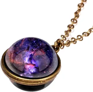 Galaxy Double-Sided Pendant Necklace Glow in The Dark Glass Ball Necklace Jewelry Gift for Unisex
