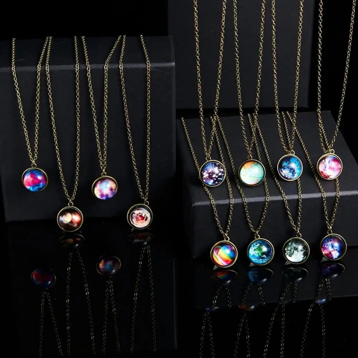 Galaxy Double-Sided Pendant Necklace Glow in The Dark Glass Ball Necklace Jewelry Gift for Unisex