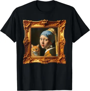 Girl with a Pearl Earring and Cat - Funny Classic Art Parody T-Shirt