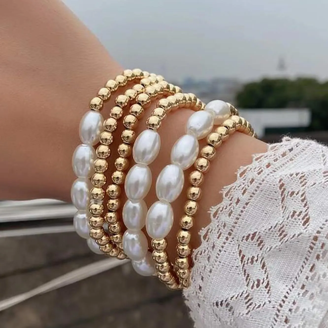 Gold Beaded Bracelets Adjusatable 14K Gold Plated Stackable Bracelets Stretch Bead Ball Bracelet Set for Women 3MM 4MM 6MM 8MM Beads Jewelry