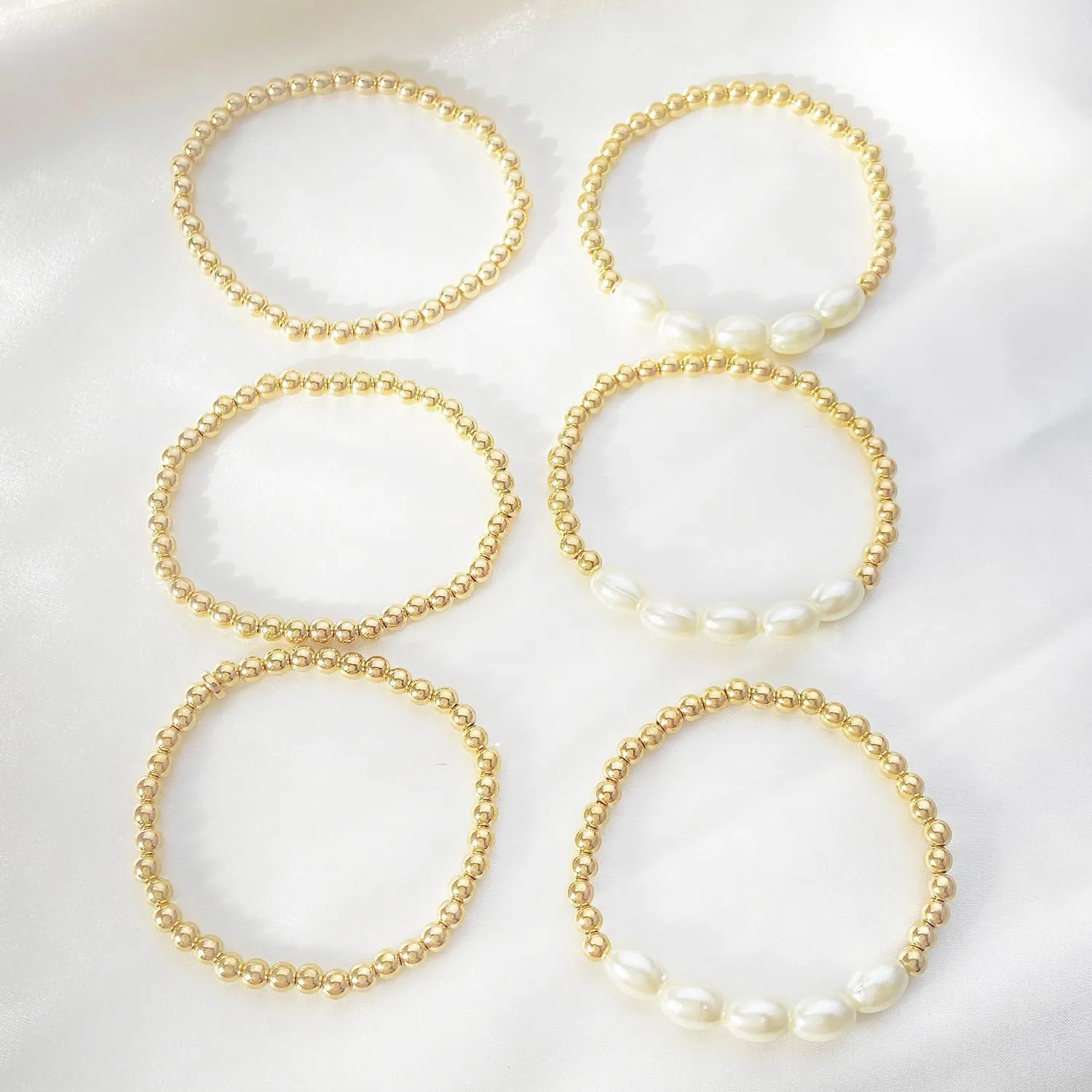 Gold Beaded Bracelets Adjusatable 14K Gold Plated Stackable Bracelets Stretch Bead Ball Bracelet Set for Women 3MM 4MM 6MM 8MM Beads Jewelry