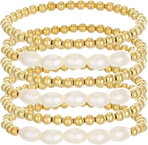 Gold Beaded Bracelets Adjusatable 14K Gold Plated Stackable Bracelets Stretch Bead Ball Bracelet Set for Women 3MM 4MM 6MM 8MM Beads Jewelry