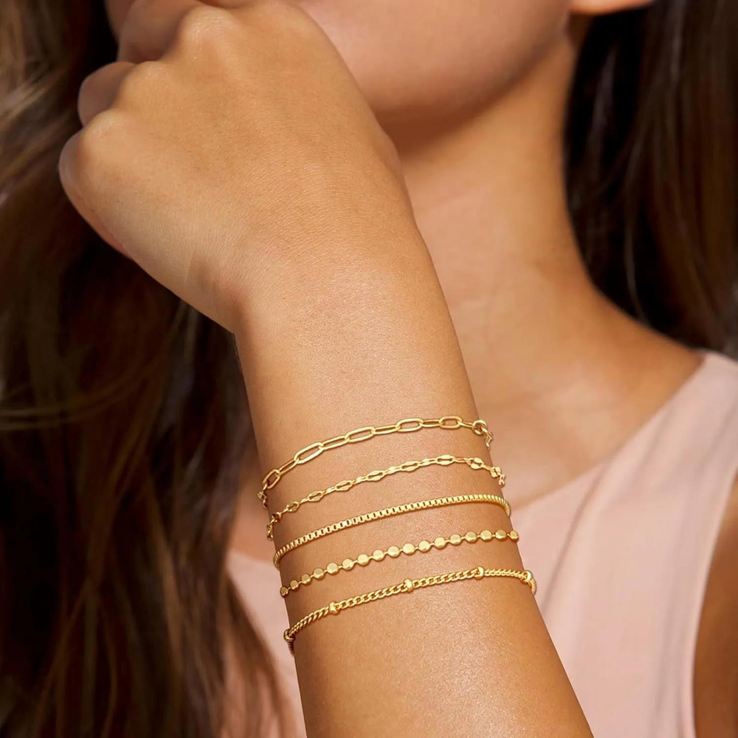 Gold Bracelets for Women, Trendy Adjustable 14K Gold Plated Stackable Link Bracelet, Dainty Thin Paperclip Chain Bracelets Stack Set