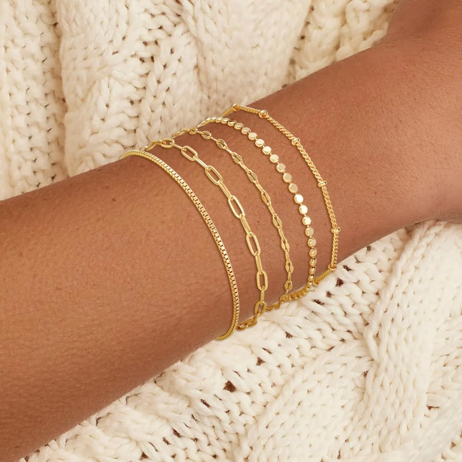 Gold Bracelets for Women, Trendy Adjustable 14K Gold Plated Stackable Link Bracelet, Dainty Thin Paperclip Chain Bracelets Stack Set