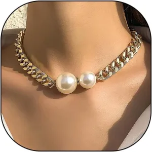 Gold Chunky Chain Big Pearl Choker Necklace for Women,Chic Cuban Chain Super Large Round Pearl Charming Necklace,Punk Simple Link Short Necklace