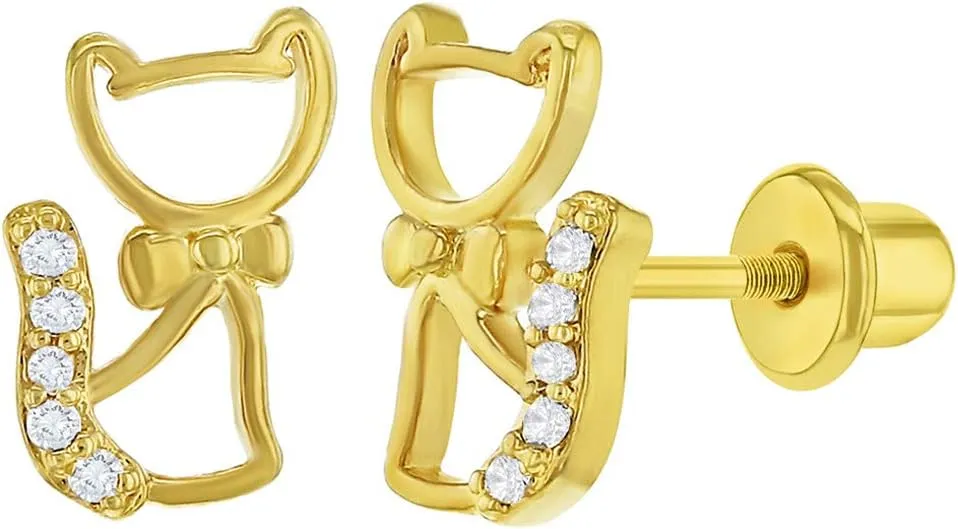 Gold Plated Clear Cubic Zirconia Kitten Cat Safety Screw Back Earrings for Toddlers & Little Girls - Cute and Fun Animal Jewelry for Children - Cat Themed Jewelry for Young Girls Daily Wear