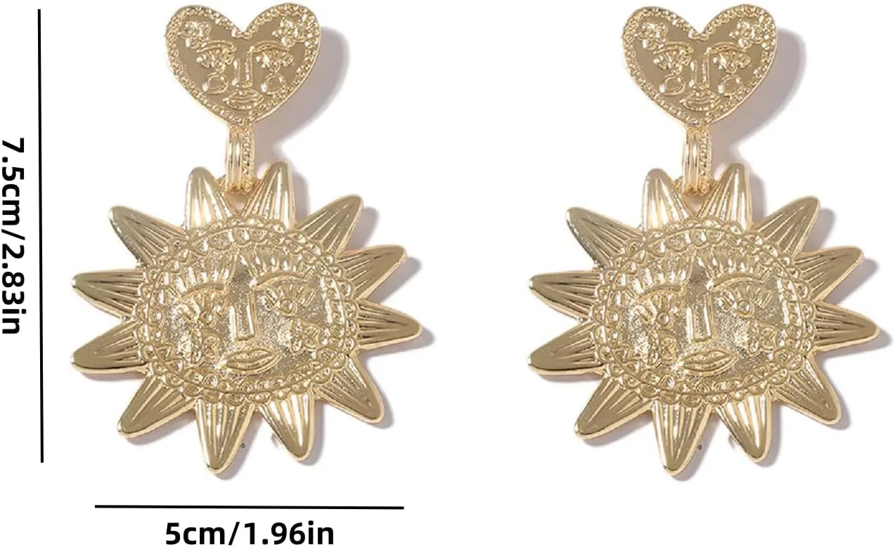 Gold Sun Earrings for Women Statement Heart Drop Earrings Silver Sun Heart Dangle Earrings Gold Heart Drop Earrings Statement Jewelry Accessories Present