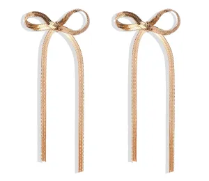 Gold Tassel Dangle Earrings with Ribbon Bowknot Statement and Long Chain - Jewelry Gift for Women Girls