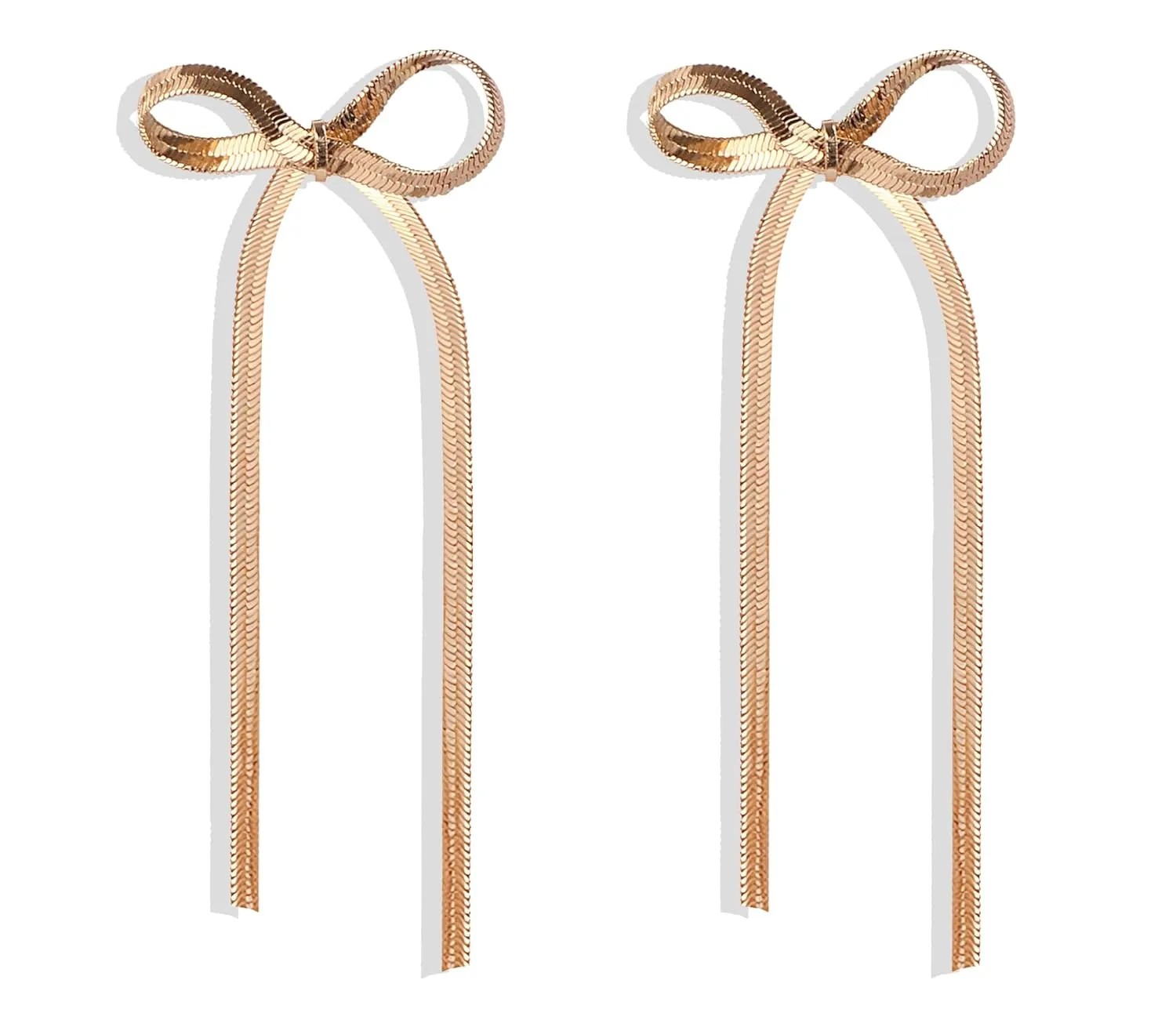 Gold Tassel Dangle Earrings with Ribbon Bowknot Statement and Long Chain - Jewelry Gift for Women Girls