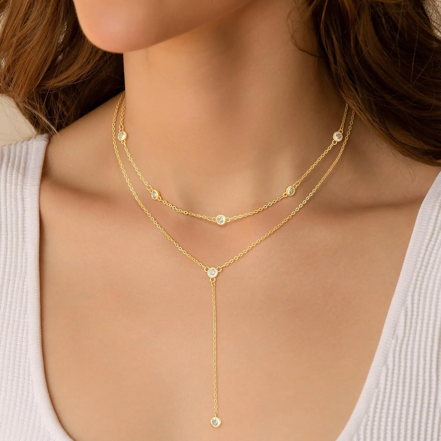 Gold/Silver Plated Necklace for Women, Dainty Layered Long Necklaces for Women Trendy Simple Beaded Chain Y Necklace Waterproof Jewelry Gifts