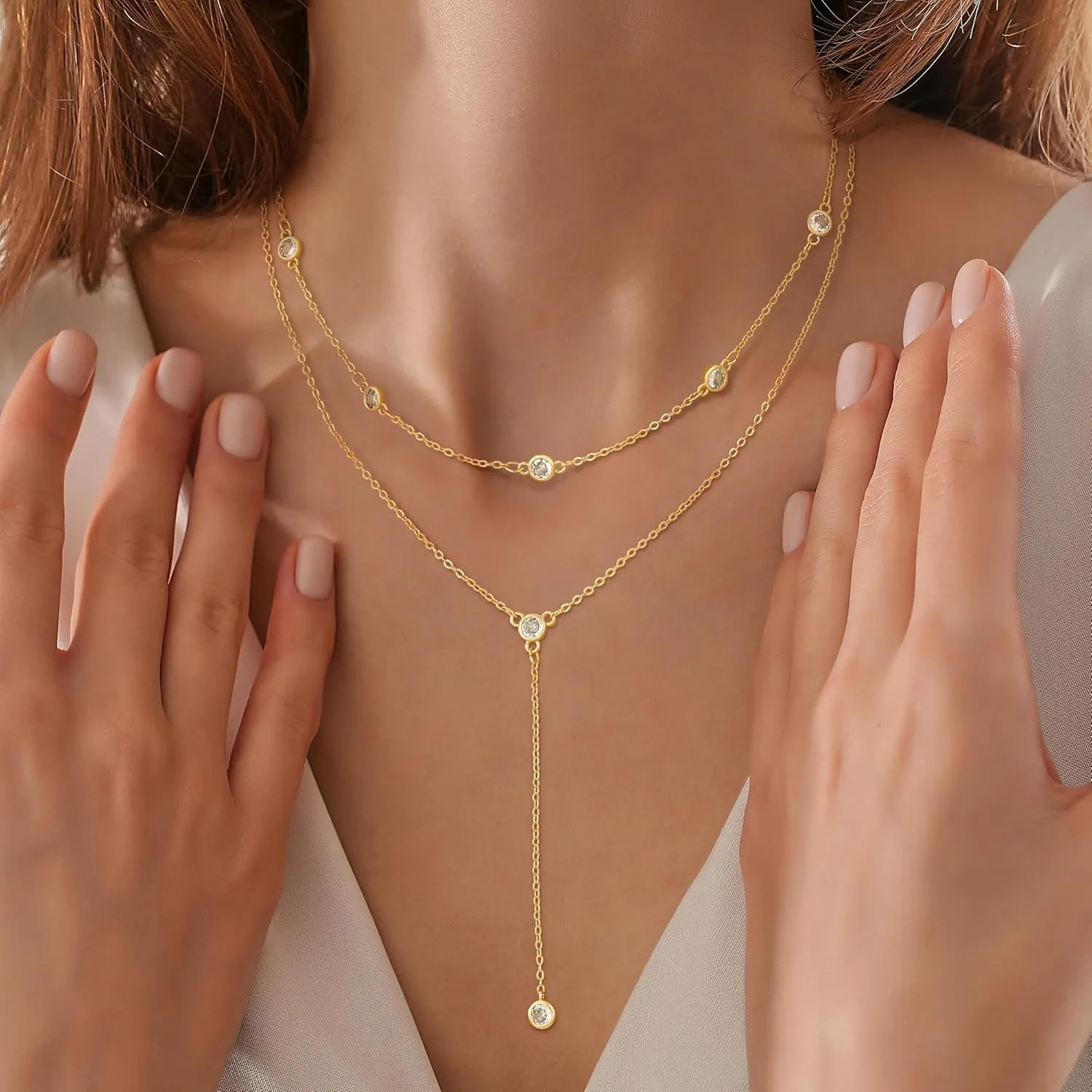 Gold/Silver Plated Necklace for Women, Dainty Layered Long Necklaces for Women Trendy Simple Beaded Chain Y Necklace Waterproof Jewelry Gifts