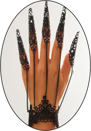 Gothic Bracelets Finger Nails Tip Claw Rings for Women, Punk Black Wrist Chains Bracelets Goth Hollow Pattern Finger Claws Halloween Cosplay Jewelry