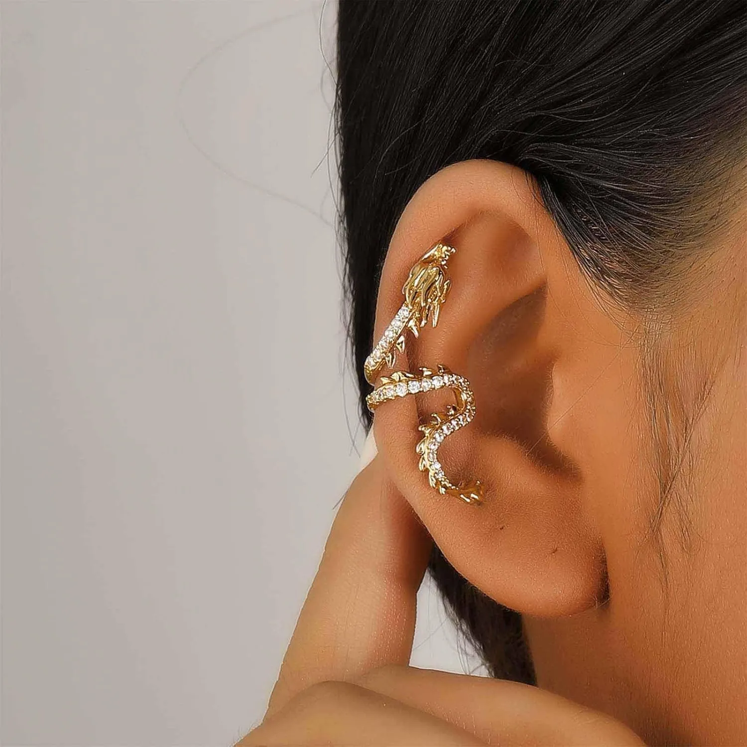 Gothic Dragon Ear Cuff Earrings Gold Dragon Cuff Wrap Earrings Crystal Dragon Earring Dragon Crawler Cuff Earrings Cz Dragon Cartilage Cuff Earrings Jewelry For Women(Gold Left)