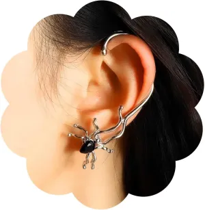 Gothic Spider Climber Cuff Earrings Silver Spider Ear Cuff Earrings Onyx Spider Ear Wrap Earrings Black Crystal Spider Earrings Spider Ear Crawler Earrings Jewelry for Women