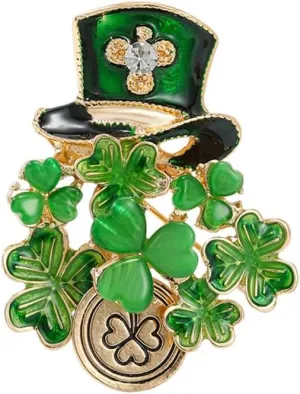 Green Clover Leaf Brooch Pin for Women Girls Unisex Gold Tone Fashion Enamel Shamrock Flower Hat Coin St Patrick's Day Brooches Lapel Pins Lucky Decor Dress Accessories Jewelry Gift