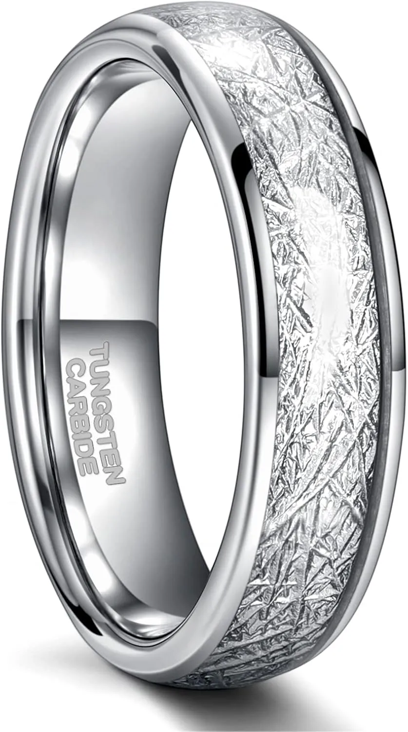 Greenpod 4mm 6mm 8mm Tungsten Rings for Men Women Silver Dome Polished Meteorite Inlay Ring Wedding Bands for Him Size 4-15