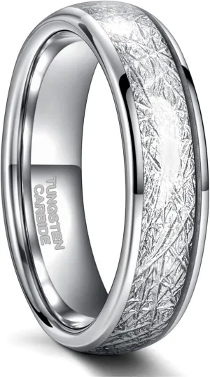 Greenpod 4mm 6mm 8mm Tungsten Rings for Men Women Silver Dome Polished Meteorite Inlay Ring Wedding Bands for Him Size 4-15