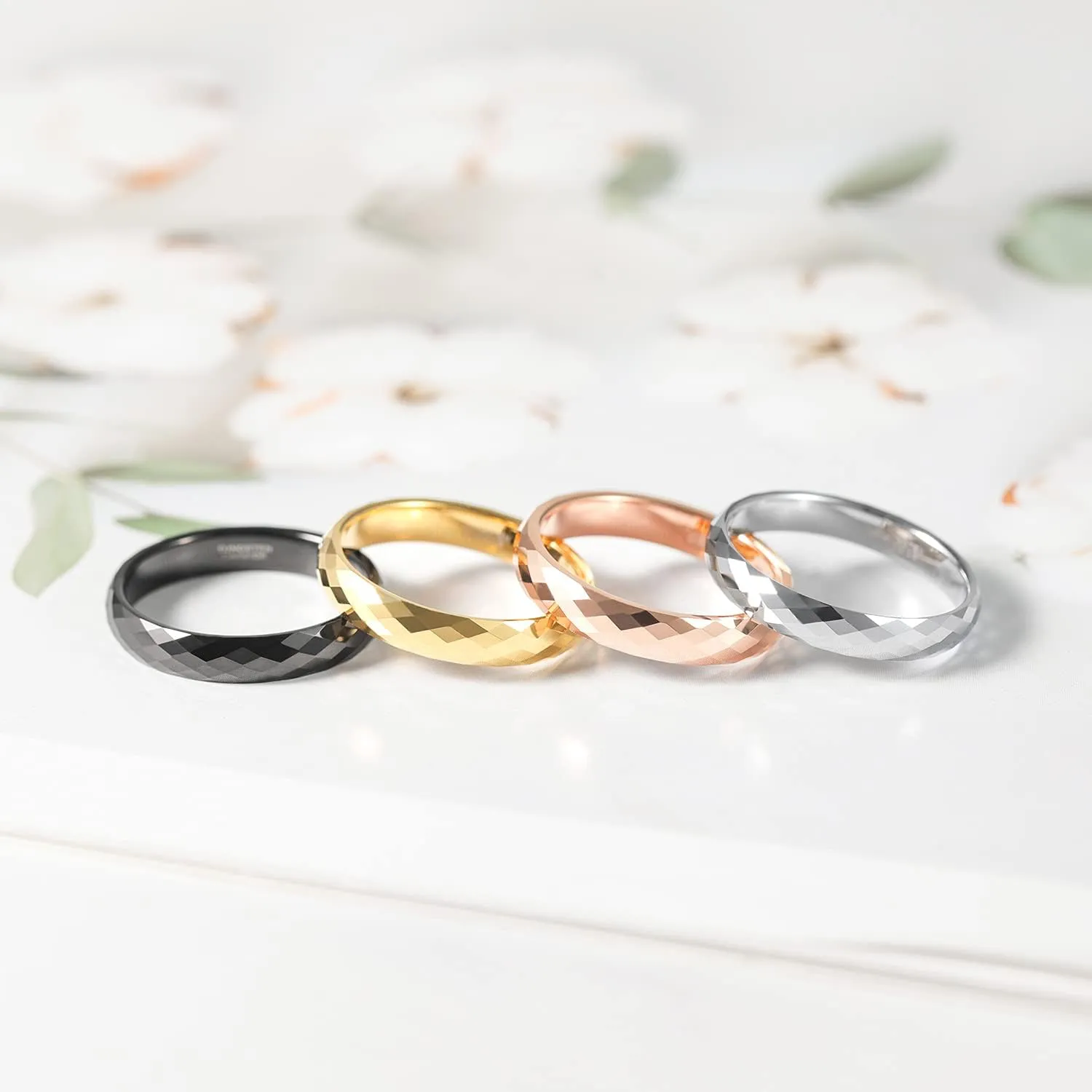 Greenpod 4MM Tungsten Carbide Rings Faceted Edge Dome Polished Rose Gold/Black/Gold/Silver Wedding Band Comfort Fit for Women Size 5-12