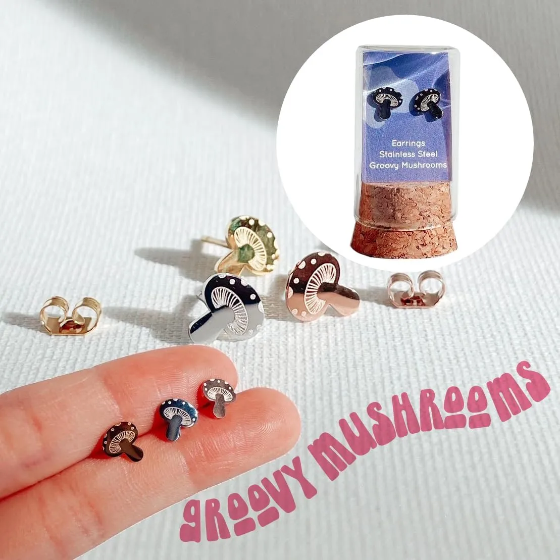 Groovy Mushroom Stud Earrings  Whimsical Nature-inspired Jewelry  Stainless Steel  18k Gold  18k Rose-Gold Plated  Cute Glass Jar Packaging  Plastic-Free