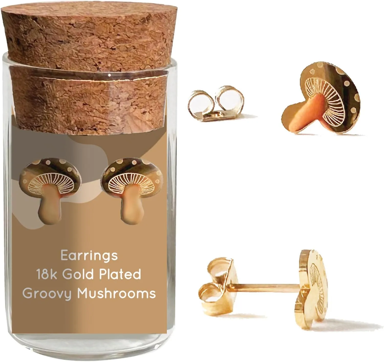 Groovy Mushroom Stud Earrings  Whimsical Nature-inspired Jewelry  Stainless Steel  18k Gold  18k Rose-Gold Plated  Cute Glass Jar Packaging  Plastic-Free