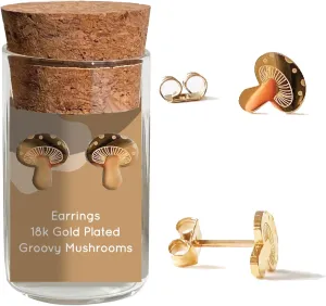 Groovy Mushroom Stud Earrings  Whimsical Nature-inspired Jewelry  Stainless Steel  18k Gold  18k Rose-Gold Plated  Cute Glass Jar Packaging  Plastic-Free