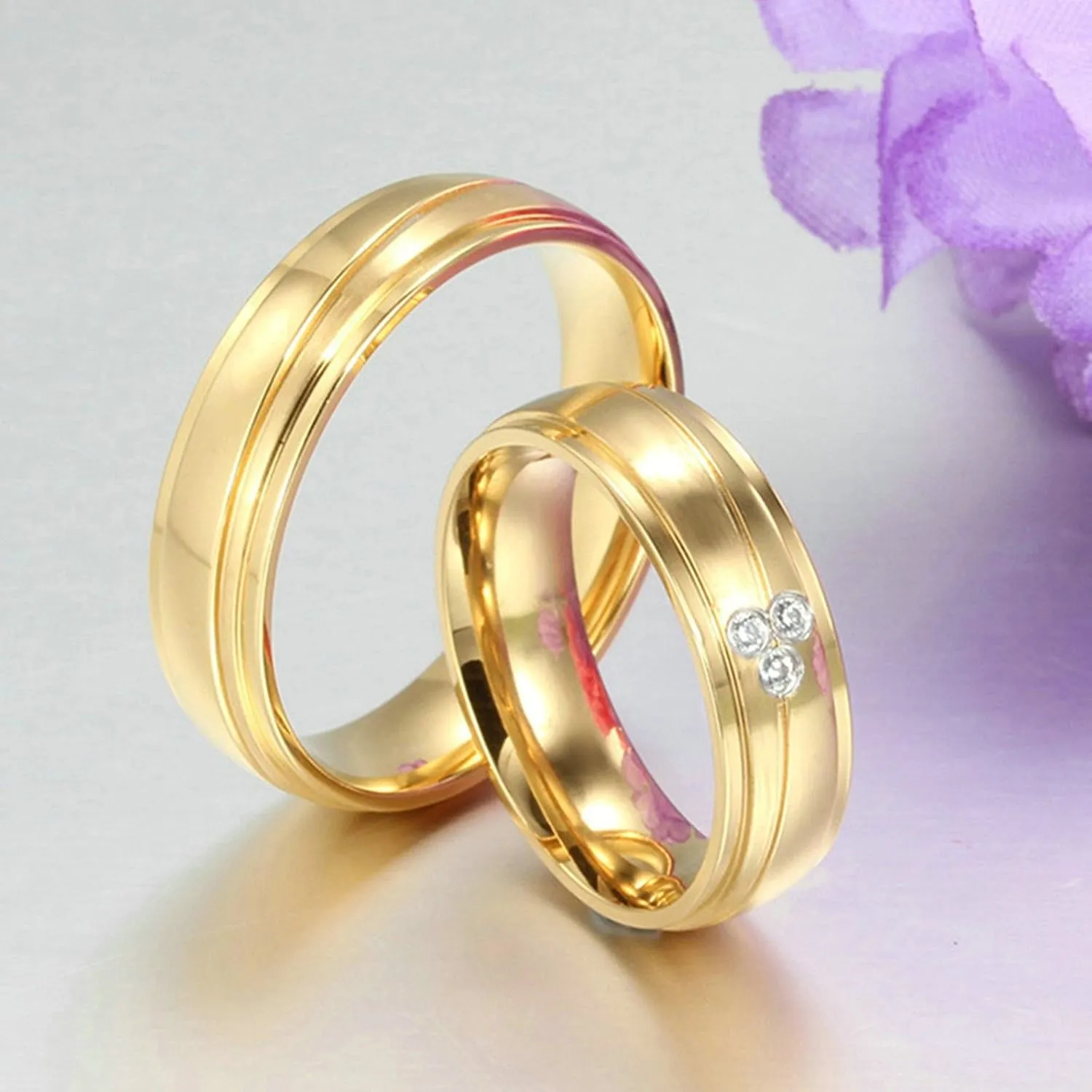 Gualiy Couple Ring Stainless Steel High Polished Cubic Zirconia CZ 6MM Wedding Ring Set Two Rings His Hers Couple Rings Size 5-12