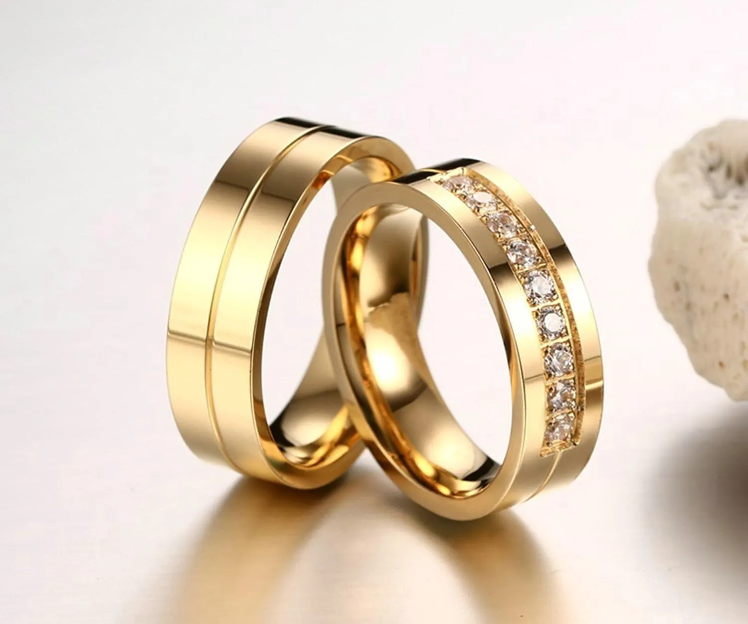 Gualiy Stainless Steel His and Hers Wedding Bands 6MM High Polished Cubic Zirconia CZ Couples Anniversary Rings Gold Rings Size 5-12
