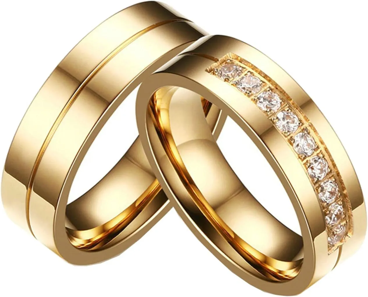 Gualiy Stainless Steel His and Hers Wedding Bands 6MM High Polished Cubic Zirconia CZ Couples Anniversary Rings Gold Rings Size 5-12