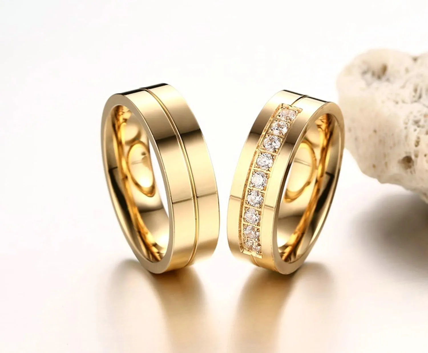 Gualiy Stainless Steel His and Hers Wedding Bands 6MM High Polished Cubic Zirconia CZ Couples Anniversary Rings Gold Rings Size 5-12