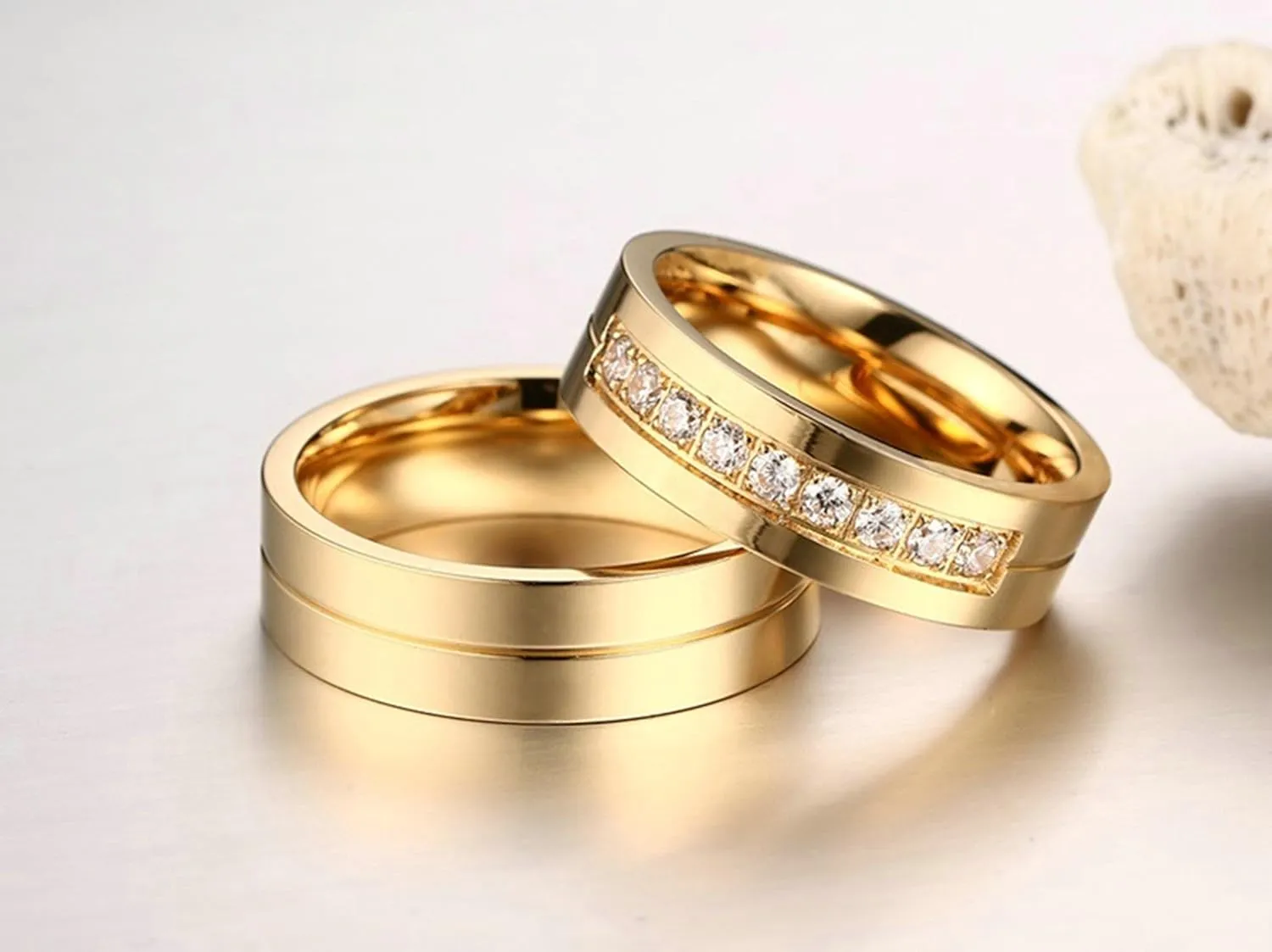 Gualiy Stainless Steel His and Hers Wedding Bands 6MM High Polished Cubic Zirconia CZ Couples Anniversary Rings Gold Rings Size 5-12