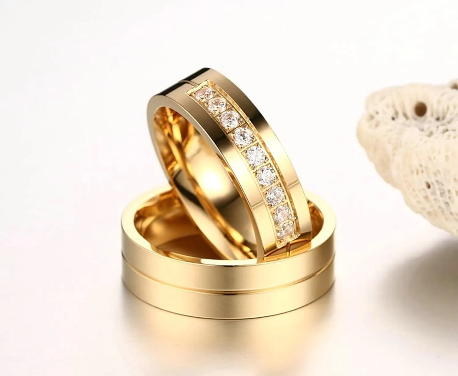 Gualiy Stainless Steel His and Hers Wedding Bands 6MM High Polished Cubic Zirconia CZ Couples Anniversary Rings Gold Rings Size 5-12