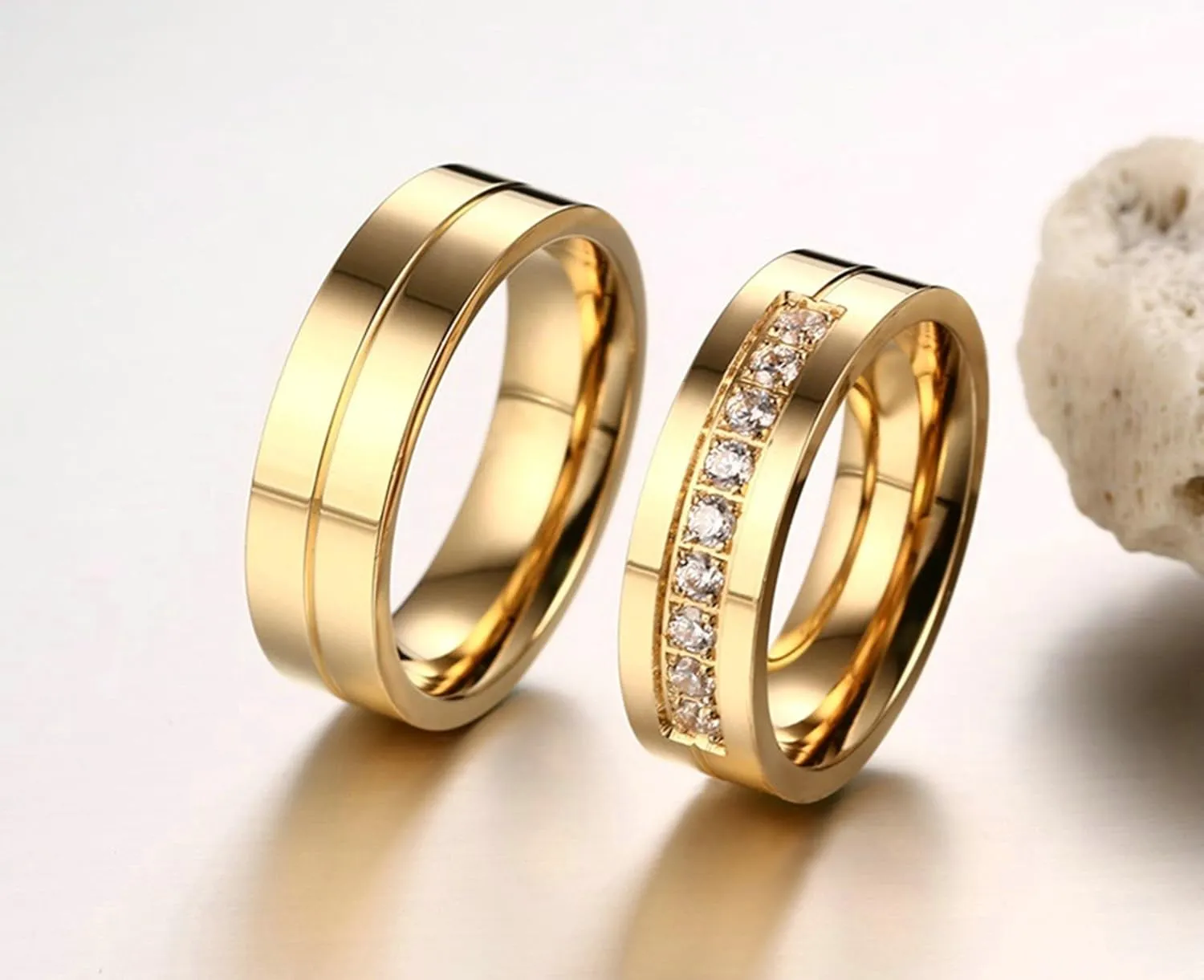 Gualiy Stainless Steel His and Hers Wedding Bands 6MM High Polished Cubic Zirconia CZ Couples Anniversary Rings Gold Rings Size 5-12