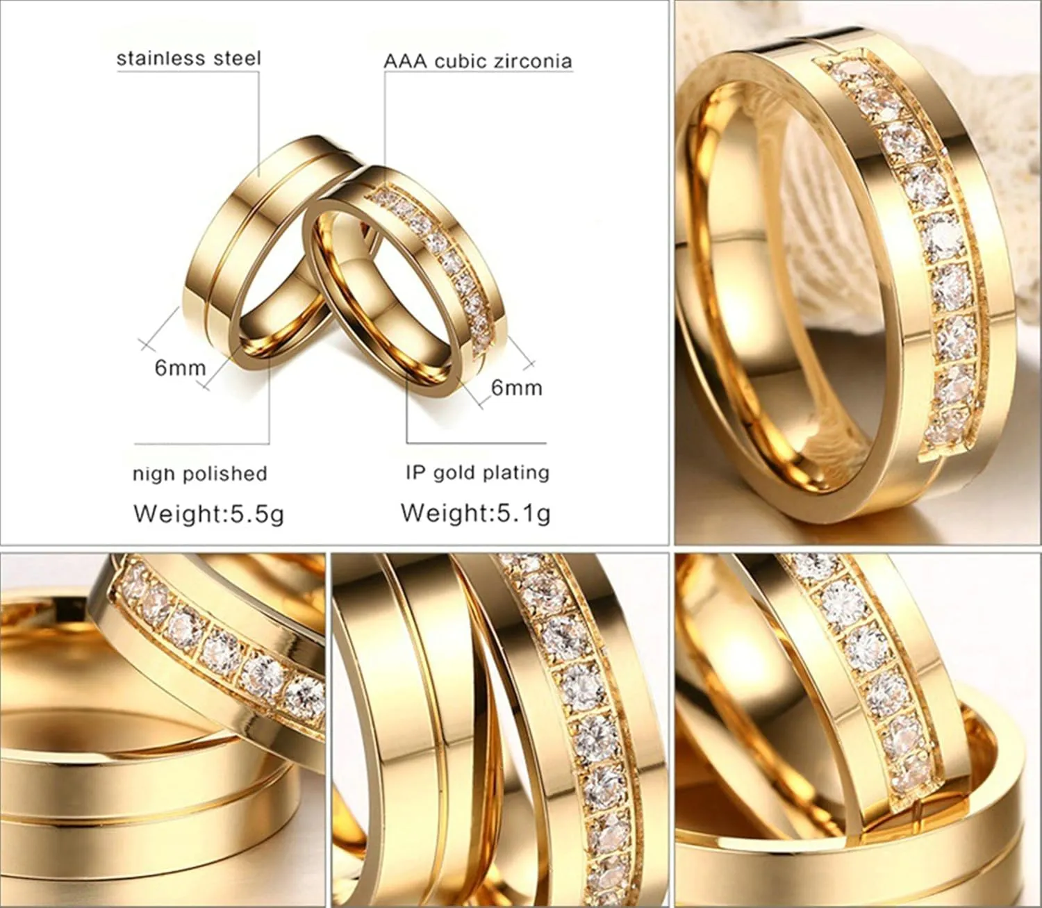 Gualiy Stainless Steel His and Hers Wedding Bands 6MM High Polished Cubic Zirconia CZ Couples Anniversary Rings Gold Rings Size 5-12