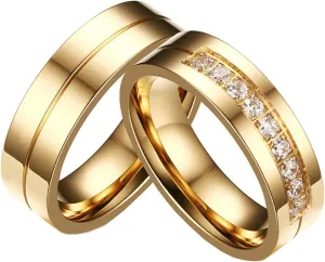 Gualiy Stainless Steel His and Hers Wedding Bands 6MM High Polished Cubic Zirconia CZ Couples Anniversary Rings Gold Rings Size 5-12