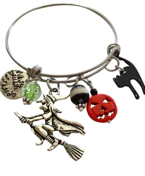 Halloween Bangle, Halloween Charm Bracelet,"Witch With Attitude" Stamp, Witch Charm, Black Cat, Orange Pumpkin, Jack O'Lantern, Glow in The Dark Bead.