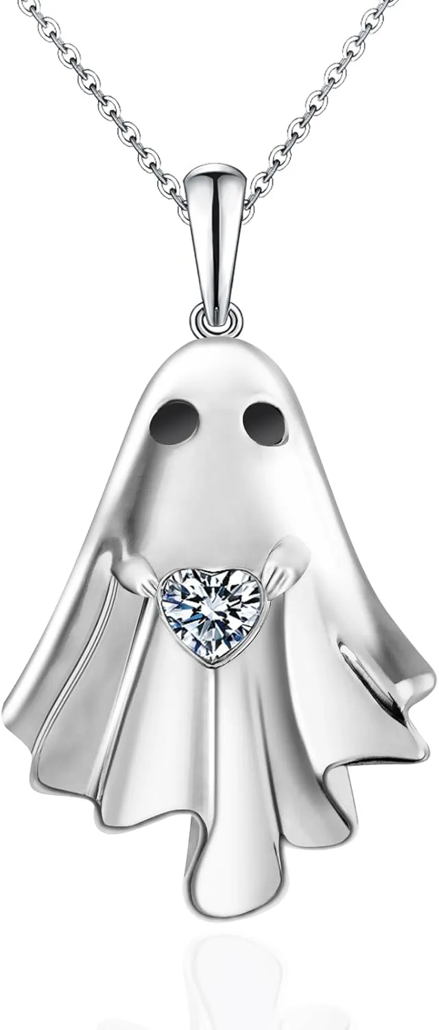 Halloween Ghost Necklace S925 Sterling Silver Spooky Ghost Pendant With Heart Cz for Women Halloween Jewelry Gift