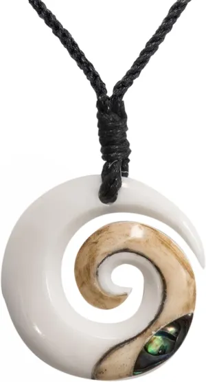 Hand Carved Koru Real Bone Pendant with Genuine Abalone Shell - Black Cord Hawaii Necklace - Maori Style Jewellery - Round Spiral Swirl Surfer Necklace for Men - Natural Accessories