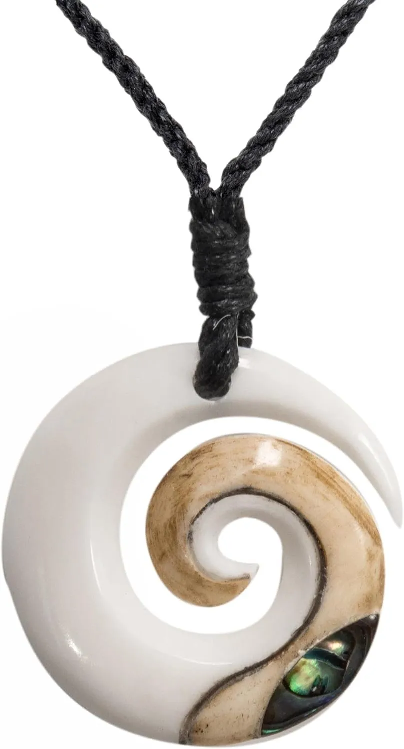 Hand Carved Koru Real Bone Pendant with Genuine Abalone Shell - Black Cord Hawaii Necklace - Maori Style Jewellery - Round Spiral Swirl Surfer Necklace for Men - Natural Accessories