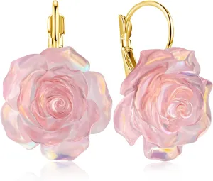 Handmade Bohemian Aesthetic Dainty Acrylic Flower Petal Leverback Earrings Sparkly 14K Gold Floral Dangle Drop Earrings for Women