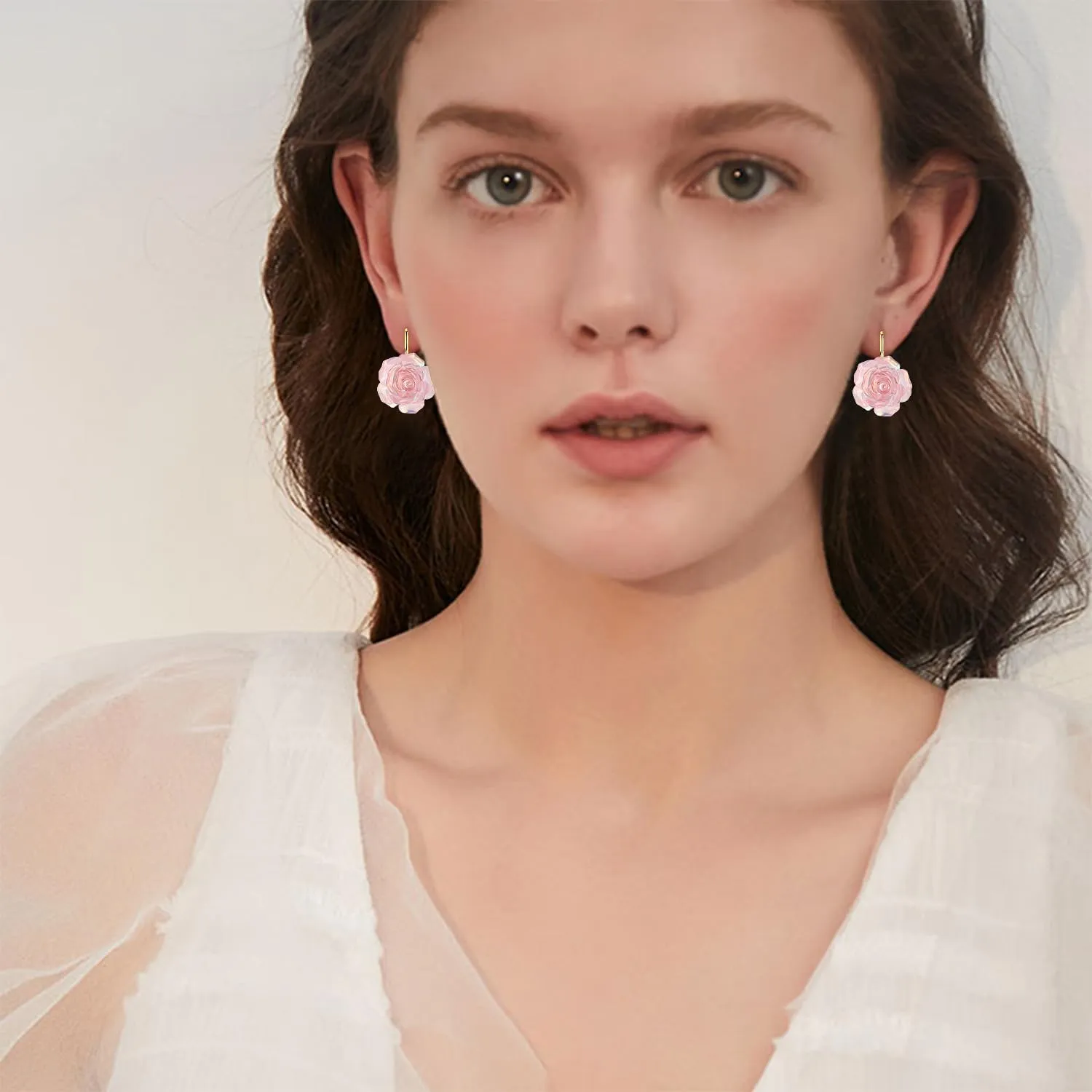 Handmade Bohemian Aesthetic Dainty Acrylic Flower Petal Leverback Earrings Sparkly 14K Gold Floral Dangle Drop Earrings for Women