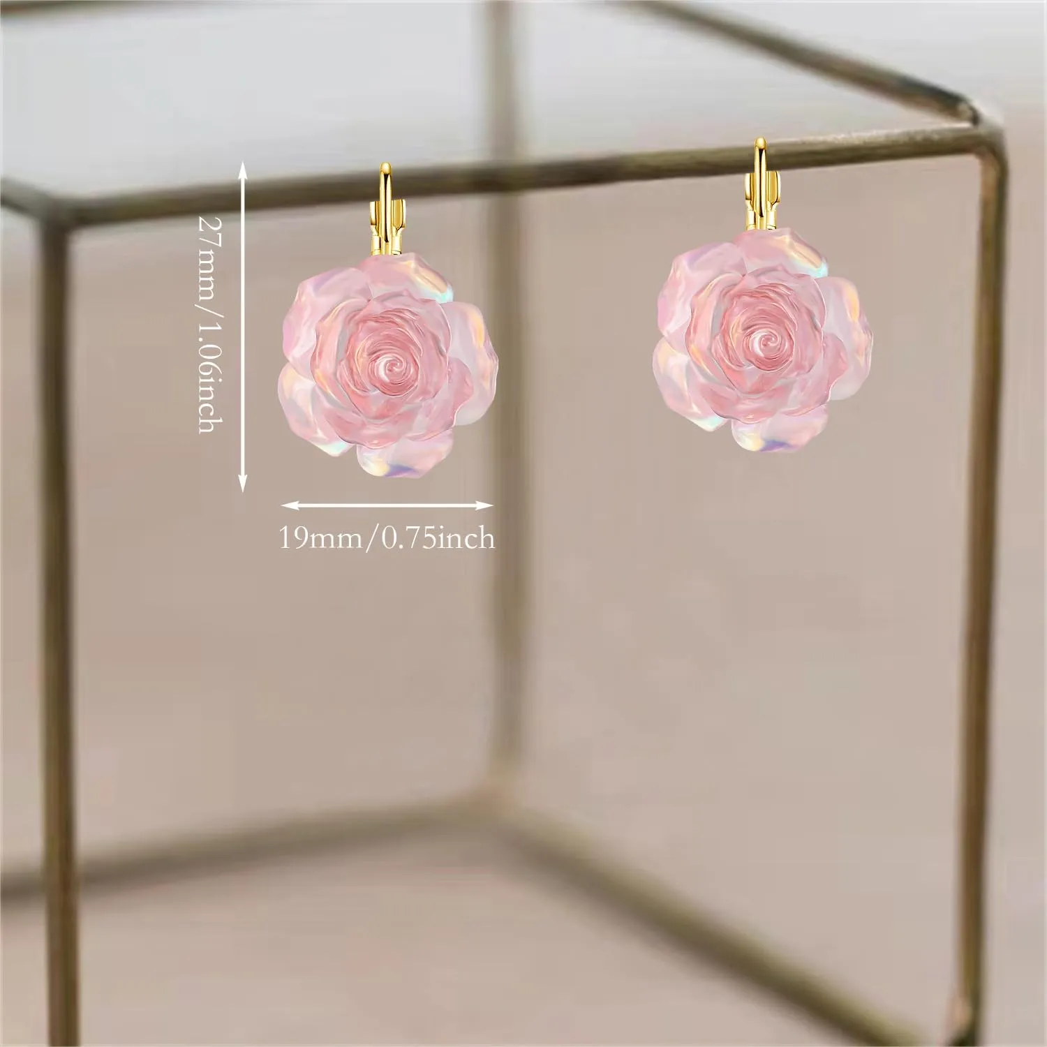 Handmade Bohemian Aesthetic Dainty Acrylic Flower Petal Leverback Earrings Sparkly 14K Gold Floral Dangle Drop Earrings for Women