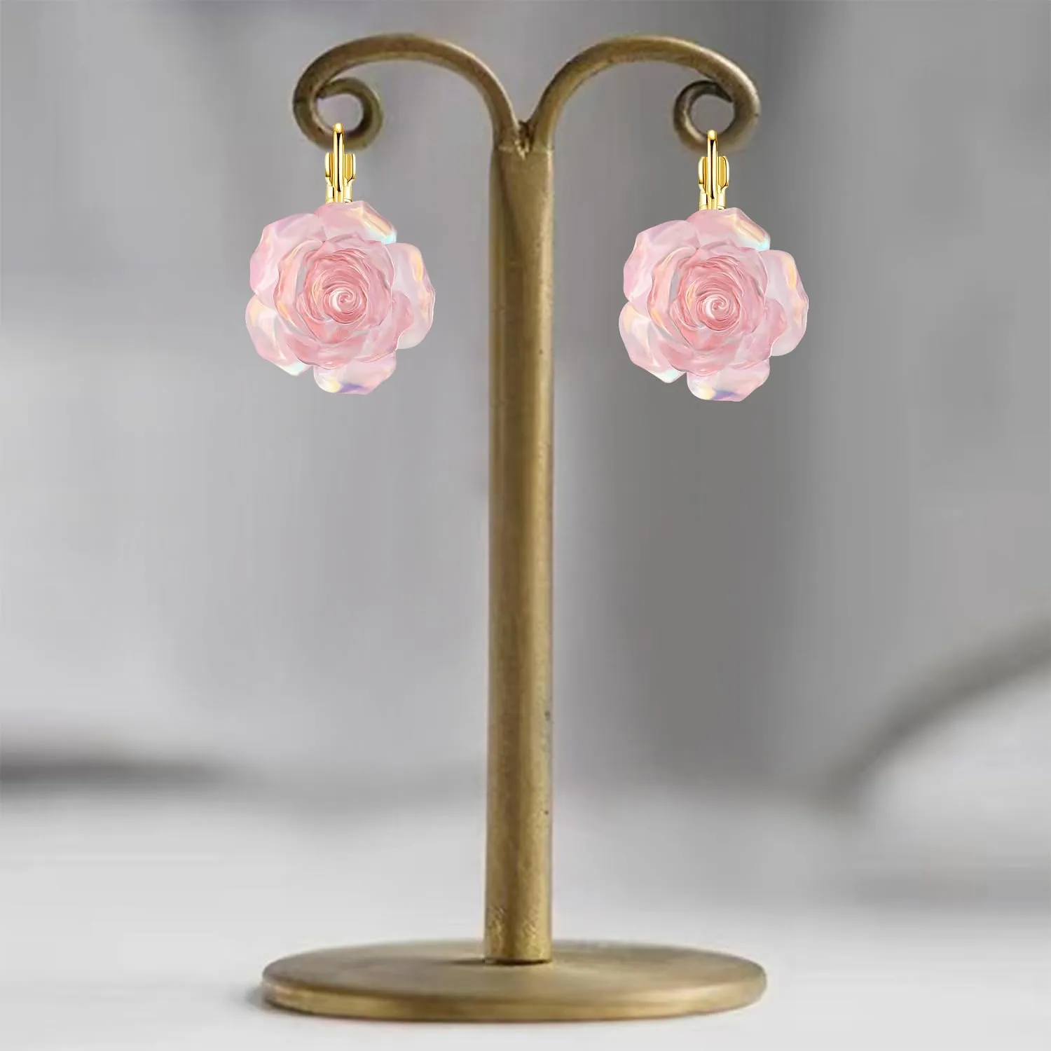 Handmade Bohemian Aesthetic Dainty Acrylic Flower Petal Leverback Earrings Sparkly 14K Gold Floral Dangle Drop Earrings for Women