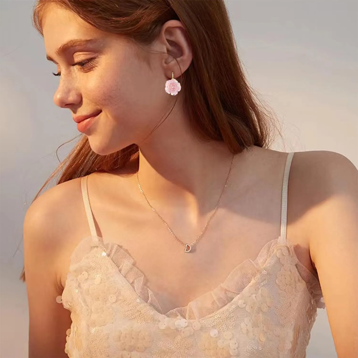 Handmade Bohemian Aesthetic Dainty Acrylic Flower Petal Leverback Earrings Sparkly 14K Gold Floral Dangle Drop Earrings for Women