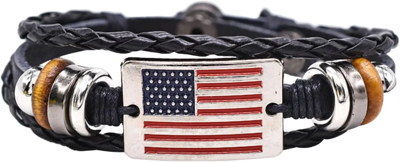 Handmade USA Flag Bracelet,Leather Bracelets for Men Women Woven Cuff Wrap Bracelet Wood Beads Ethnic Tribal Bracelets Adjustable