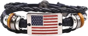 Handmade USA Flag Bracelet,Leather Bracelets for Men Women Woven Cuff Wrap Bracelet Wood Beads Ethnic Tribal Bracelets Adjustable